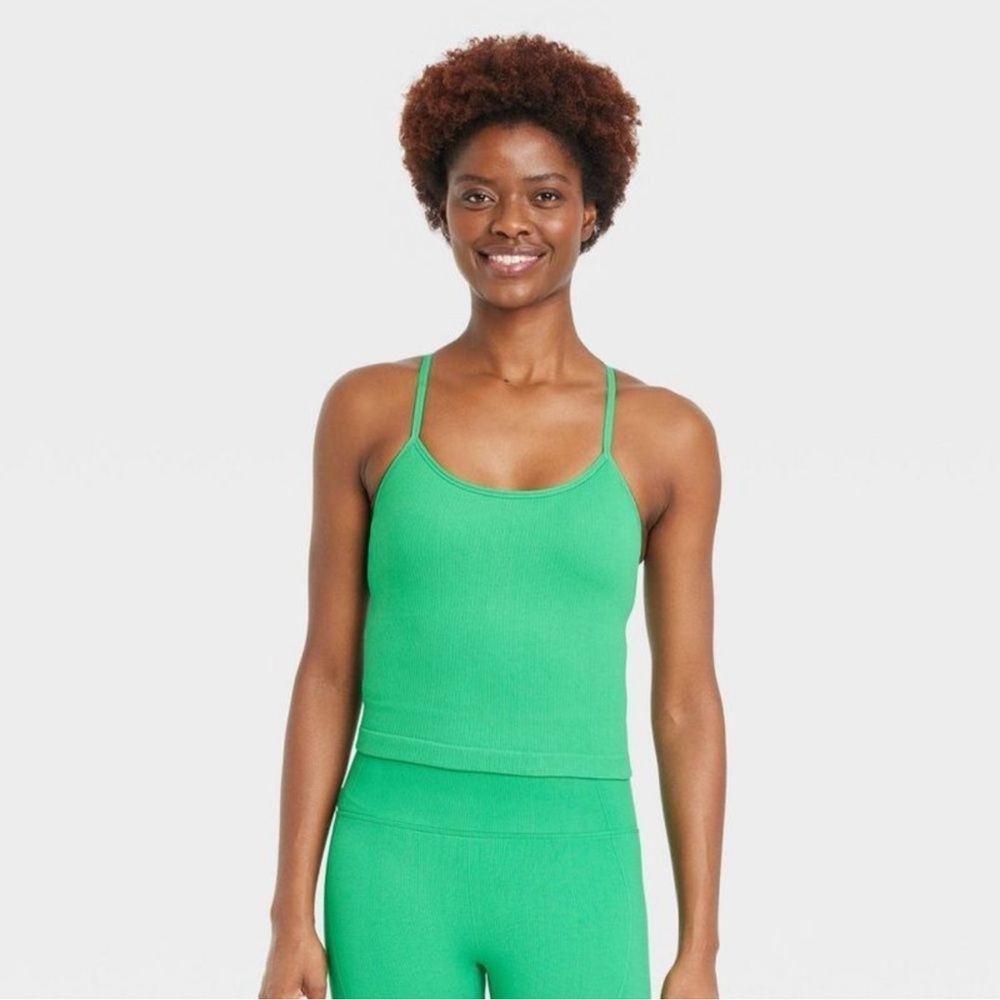 All in Motion Green Seamless Ribbed Racerback Cropped Cami Workout Tank Top
